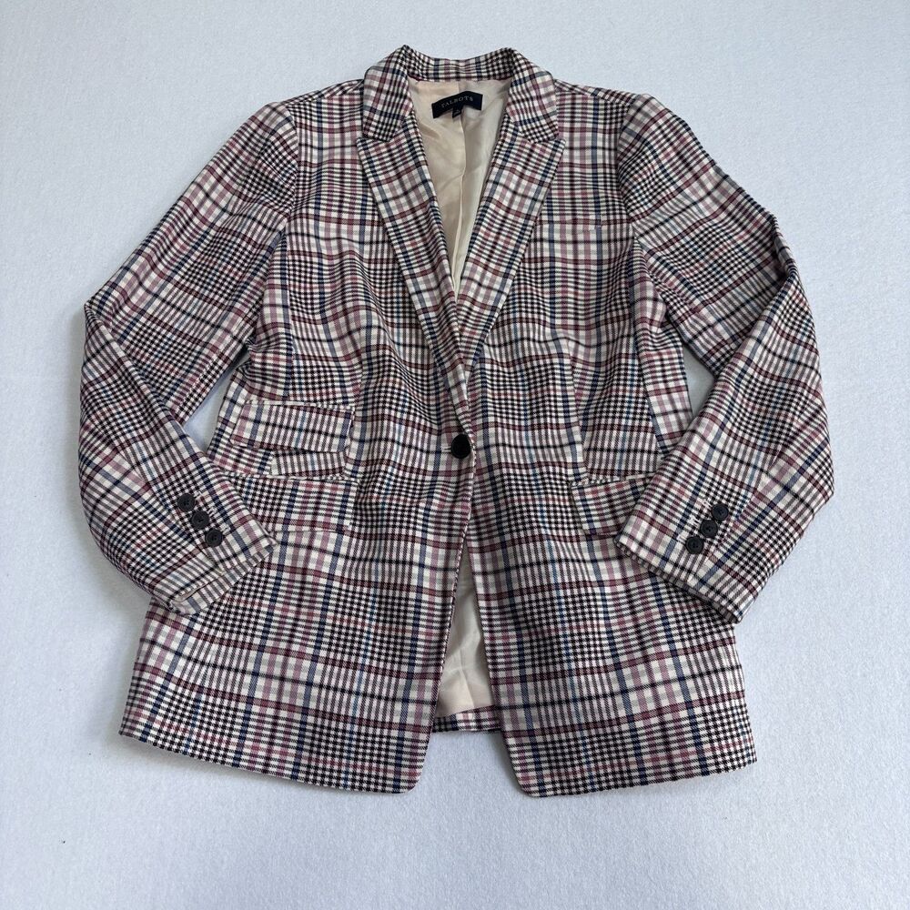 Talbots Plaid Blazer Jacket Women's 8 Cream Preppy Classic Cotton Professional